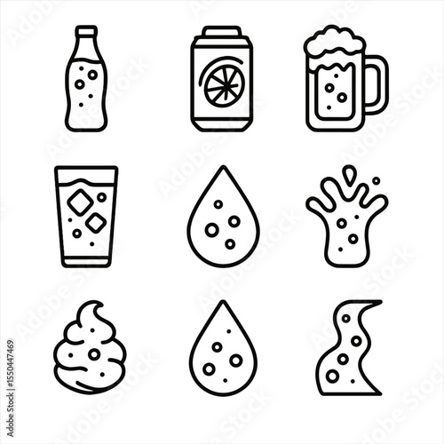 Carbonated Drink Icons. Line style icons of Carbonated Soft Drinks: cola bottle, lemon soda can, root beer mug, ginger ale glass,