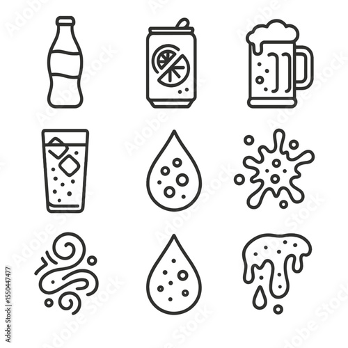 Carbonated Drink Icons. Line style icons of Carbonated Soft Drinks: cola bottle, lemon soda can, root beer mug, ginger ale glass,