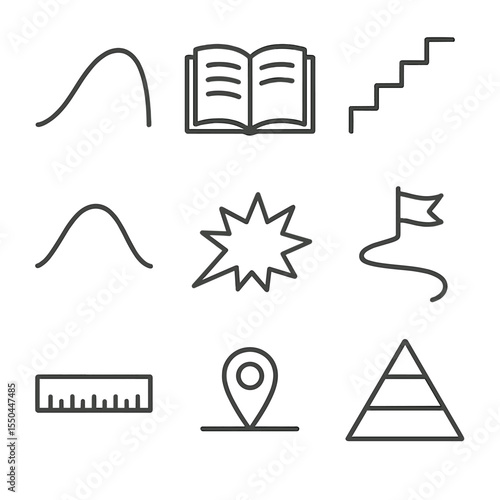 Narrative Structure Icons. Line style icons of Narrative Structure: plot arc, exposition book, rising-action steps, climax