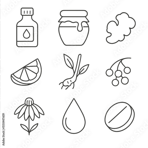 Natural Remedies Icons. Line style icons of Natural Remedies Set: herbal tincture bottle, honey jar, ginger slice, lemon wedge,