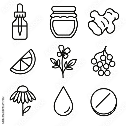 Natural Remedies Icons. Line style icons of Natural Remedies Set: herbal tincture bottle, honey jar, ginger slice, lemon wedge,