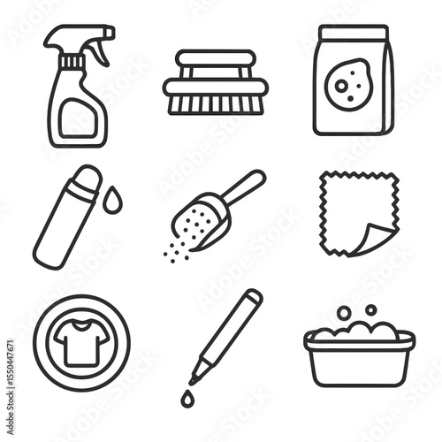 Stain Removal Icons. Line style icons of Stain Removal Products: stain remover spray, pretreatment brush, enzyme wash pack, stain