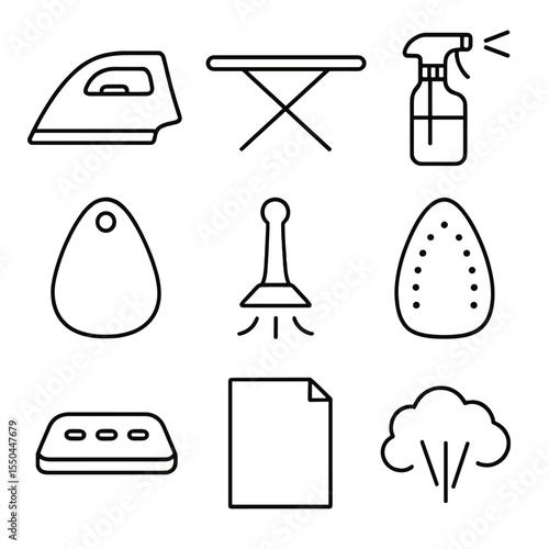 Ironing Tool Icons. Line style icons of Ironing and Pressing Tools: steam iron, ironing board, spray bottle, heat-resistant pad,