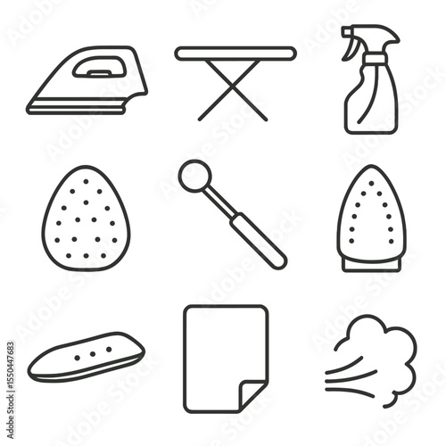 Ironing Tool Icons. Line style icons of Ironing and Pressing Tools: steam iron, ironing board, spray bottle, heat-resistant pad,
