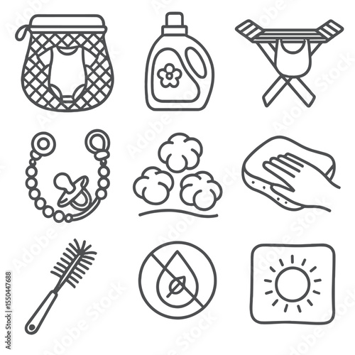 Maternity Care Icons. Line style icons of Maternity and Baby Garment Care: baby laundry net, gentle detergent bottle, mini drying