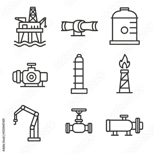 Oil & Gas Icons. Line style icons of Oil & Gas Infrastructure: offshore oil platform, subsea pipeline, storage tank, gas