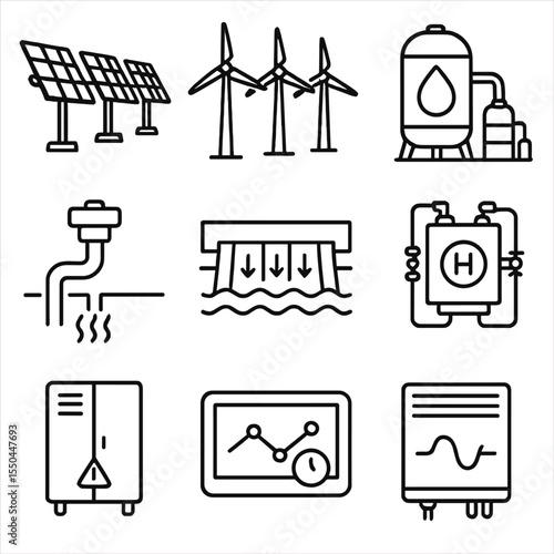 Renewable Energy Icons. Line style icons of Renewable Farming Installations: solar tracker row, wind farm array, biofuel reactor,