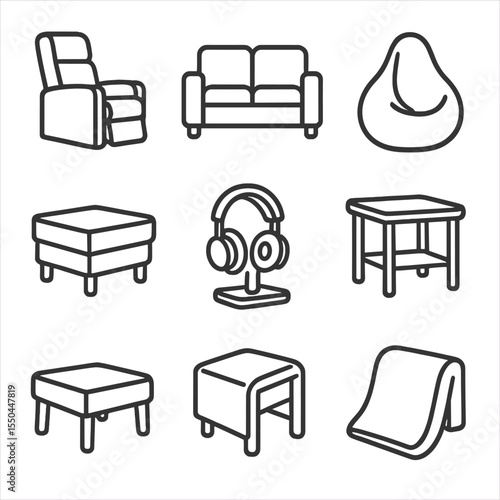 Seating Arrangement Icons. Line style icons of Seating Arrangements: recliner chair, sofa, beanbag, ottoman, cup-holder armrest,