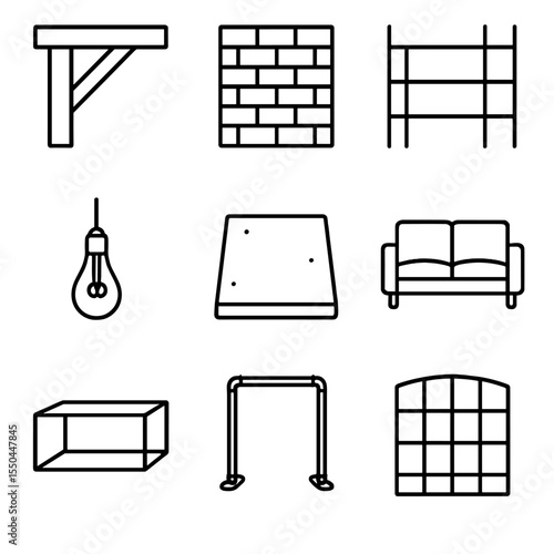 Industrial Loft Icons. Line style icons of Industrial Loft Interior: exposed beam, brick wall, metal shelf, Edison bulb fixture,