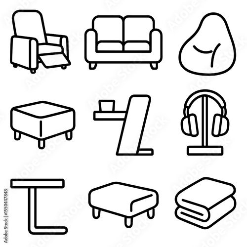 Seating Arrangement Icons. Line style icons of Seating Arrangements: recliner chair, sofa, beanbag, ottoman, cup-holder armrest,