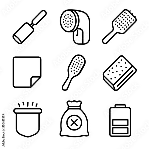 Lint Removal Icons. Line style icons of Lint & Hair Removal: lint roller, fabric shaver, pet-hair brush, adhesive sheet, lint