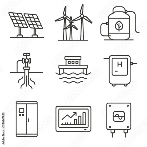 Renewable Energy Icons. Line style icons of Renewable Farming Installations: solar tracker row, wind farm array, biofuel reactor,
