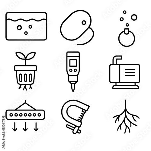 Hydroponic Icon Set. Line style icons of Hydroponic Growth: nutrient reservoir, air pump, air stone, net pot with seedling, pH