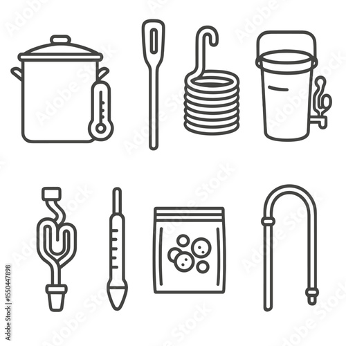 Homebrew Equipment Icons. Line style icons of Homebrew Beer Equipment: brew kettle, mash paddle, wort chiller coil, fermentation