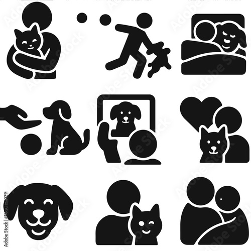 Pet Bonding Icons. Solid style icons of pet bonding: cuddling pet, playing fetch, sleeping together, hand feeding, pet photo,