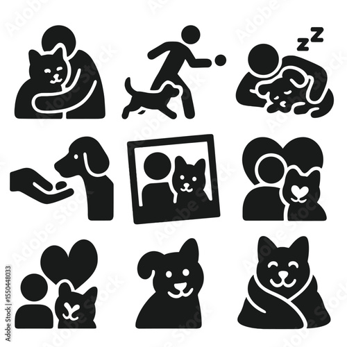 Pet Bonding Icons. Solid style icons of pet bonding: cuddling pet, playing fetch, sleeping together, hand feeding, pet photo,