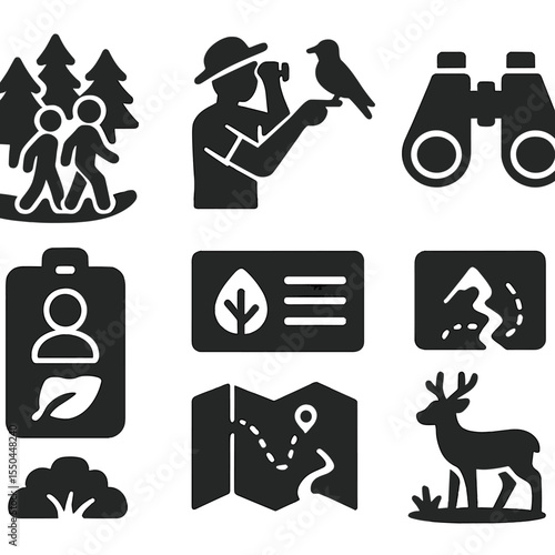 Nature Eco Icons. Solid style icons of nature and eco tours: forest walk, birdwatching guide, waterfall hike, nature binoculars,