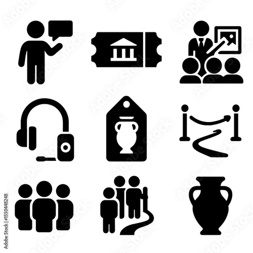 Museum Experience Icons. Solid style icons of museum experiences: exhibit explanation, ticketed entry, guided room, headset rental