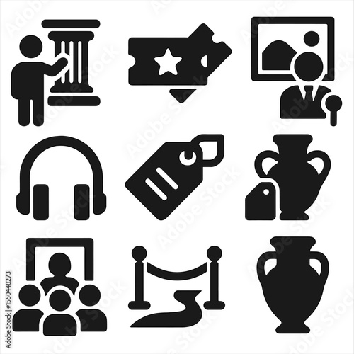 Museum Experience Icons. Solid style icons of museum experiences: exhibit explanation, ticketed entry, guided room, headset rental