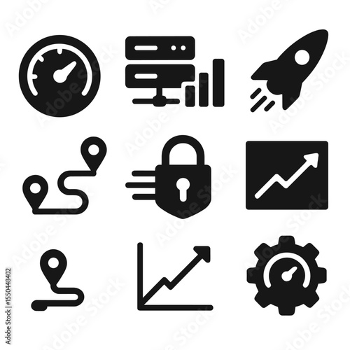 Speed Performance Icons. Solid style icons of speed and performance: speed test, fast server icon, ping bar, speed boost,