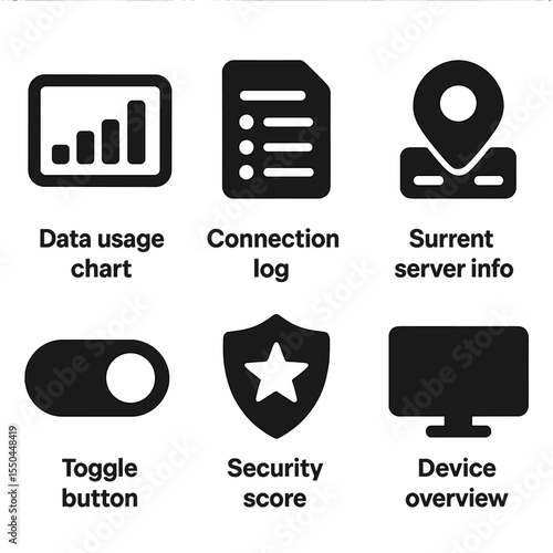VPN Dashboard Icons. Solid style icons of VPN dashboard: data usage chart, connection log, current server info, IP status, toggle