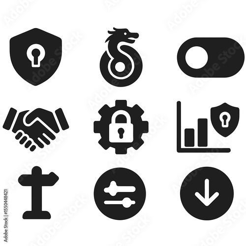 VPN Protocols Icons. Solid style icons of VPN protocols: OpenVPN badge, WireGuard icon, IKEv2 logo, protocol switch, secure