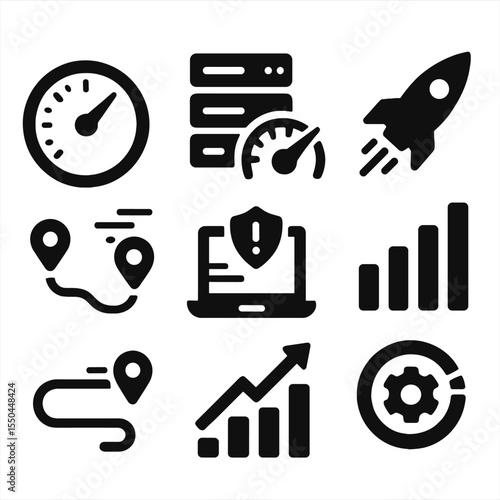 Speed Performance Icons. Solid style icons of speed and performance: speed test, fast server icon, ping bar, speed boost,