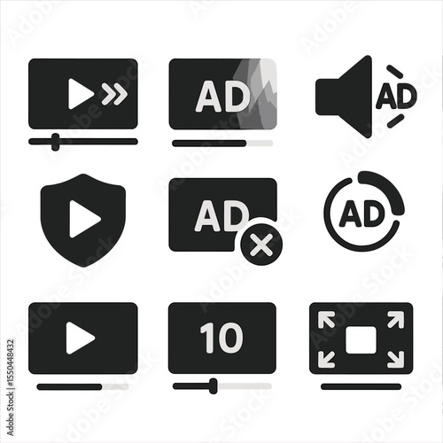 Video Ad Block Icons. Solid style icons of video ad blocking: video skip icon, ad fadeout, mute auto-play ad, ad delay bar, stream