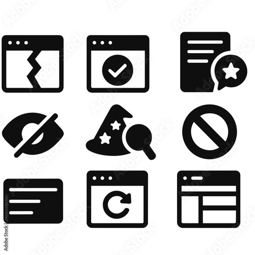 Compatibility Tools Icons. Solid style icons of compatibility tools: site break icon, compatibility mode, feedback form, block