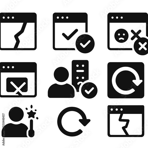 Compatibility Tools Icons. Solid style icons of compatibility tools: site break icon, compatibility mode, feedback form, block