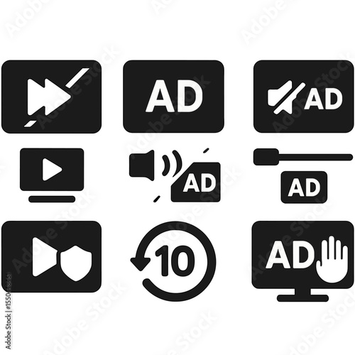 Video Ad Block Icons. Solid style icons of video ad blocking: video skip icon, ad fadeout, mute auto-play ad, ad delay bar, stream