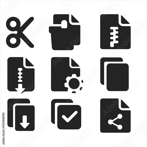 File Operation Icons. Solid style icons of file operations: cut icon, paste icon, duplicate file, compress file, extract archive,