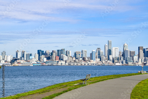 Running and Walking Path Along Puget Sound With Seattle Skyline in Washington