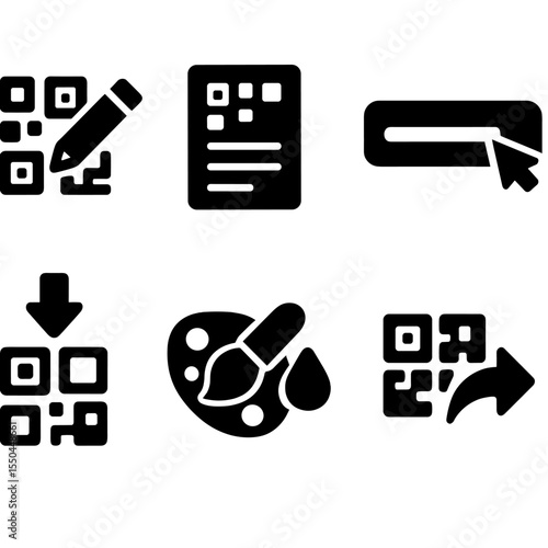 QR Tool Icons. Solid style icons of QR generator tools: create QR icon, type selection, input field, generate button, download QR,