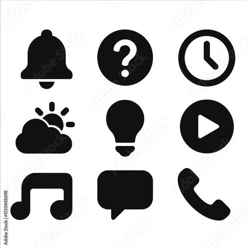 Assistant Action Icons. Solid style icons of assistant actions: set reminder, ask question, tell time, play music, check weather,