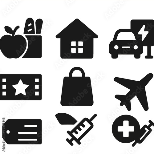 Expense Category Icons. Solid style icons of expense categories: food and groceries, rent/mortgage, transportation icon, utilities