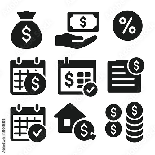Decepticons_ Debt Icons. Solid style icons of debt and loans: loan icon, credit repayment, interest rate, monthly installment,