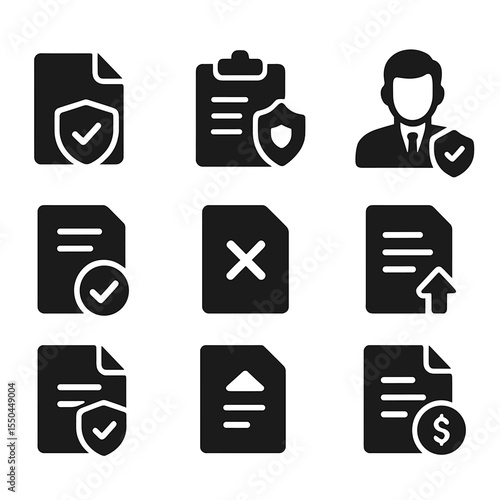 Insurance Claims Icons. Solid style icons of insurance claims: file claim icon, claim status, claim form, adjuster icon, approved