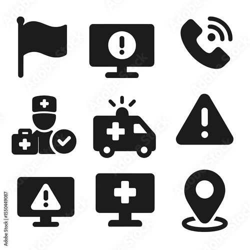 Telemedicine Emergency Icons. Solid style icons of emergencies in telemedicine: emergency flag icon, red alert video screen,