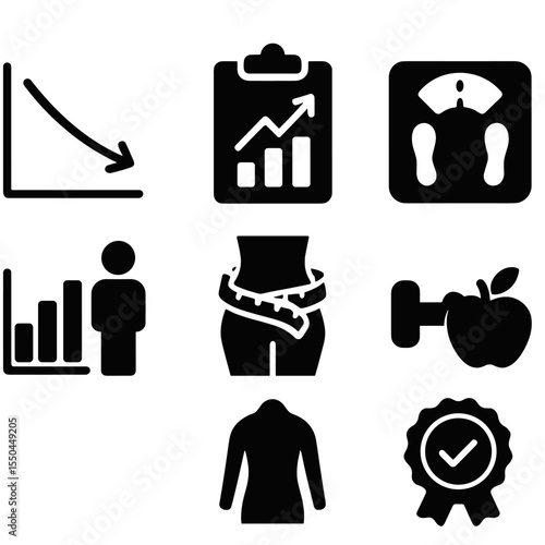 Weight Management Icons. Solid style icons of weight management: weight loss graph, gain tracker, target weight icon, scale symbol