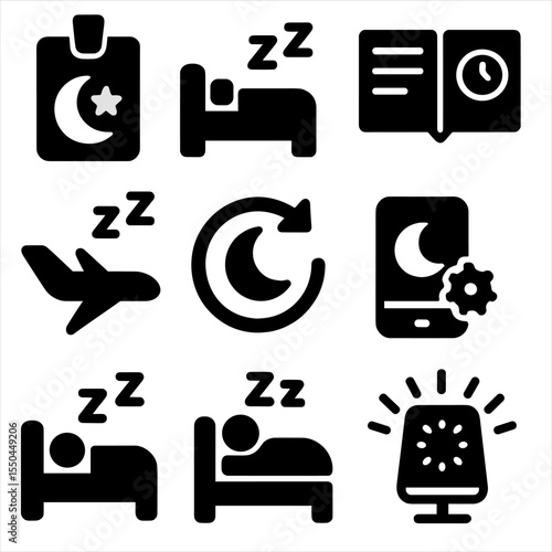 Shift Work Icons. Solid style icons of shift work and sleep: night shift badge, sleep day mode, shift log, jet lag icon, rotating