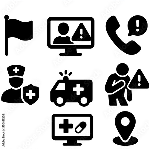 Telemedicine Emergency Icons. Solid style icons of emergencies in telemedicine: emergency flag icon, red alert video screen,