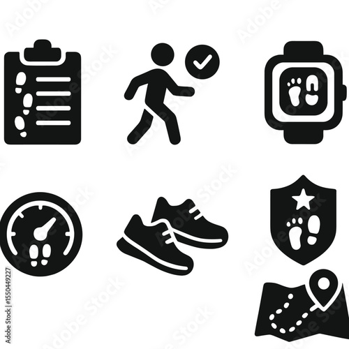 Step Tracking Icons. Solid style icons of step and distance tracking: steps log, walk goal achieved, pedometer icon, step streak