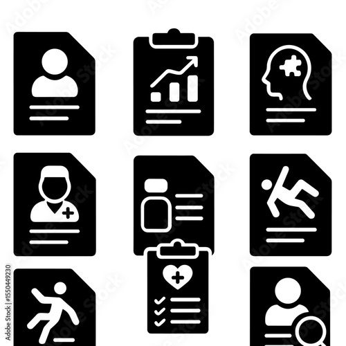 Geriatric Records Icons. Solid style icons of geriatric records: senior file icon, aging chart, dementia note, medication overview