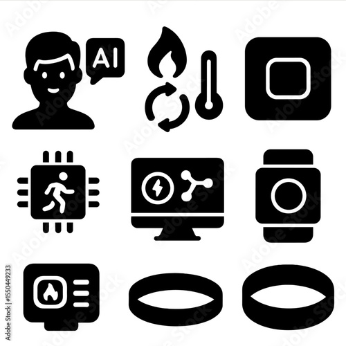 Futuristic Tracker Icons. Solid style icons of futuristic tracker features: AI coach icon, metabolic rate monitor, body