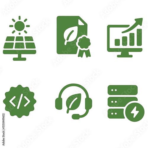 Eco Digital Icons. Solid style icons of eco-friendly digital tools: solar cell panel, digital green certification, eco-friendly