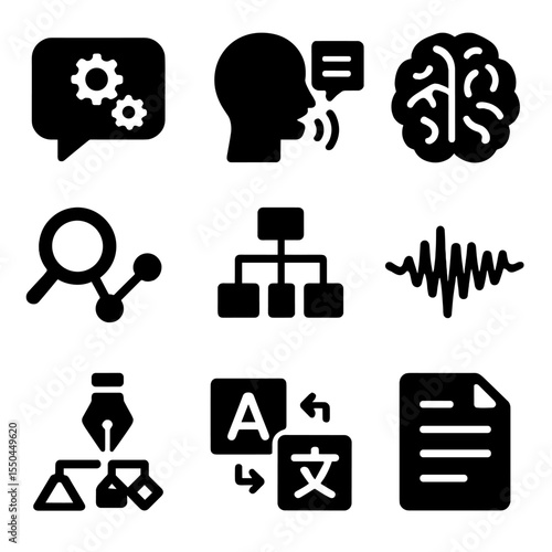 NLP Icons Collection. Solid vector icons of natural language processing: chat bubble with gears, speech-to-text symbol, language
