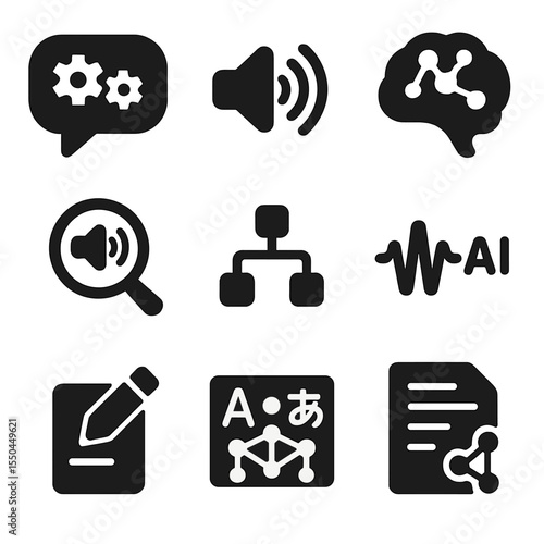 NLP Icons Collection. Solid vector icons of natural language processing: chat bubble with gears, speech-to-text symbol, language