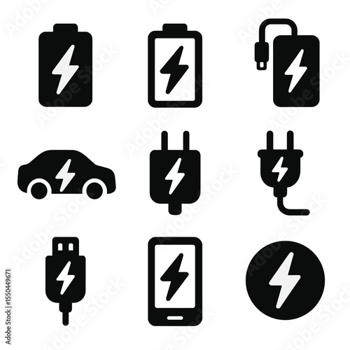 Battery Charge Icons. Solid vector icons of battery and charge: battery charging bolt, full battery with bolt, bolt inside power