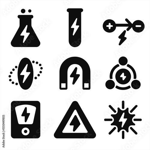 Science Bolt Icons. Solid vector icons of bolt in science and lab: experiment with lightning, bolt in test tube, electrical charge